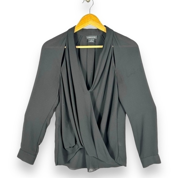 Trouve Draped Surplice Shoulder Cut Out Blouse, Black, Size Small - Picture 2 of 8